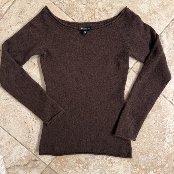 Bebe Cashmere Chocolate Brown Off-the-Shoulder Sweater - Picture 3 of 14